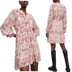All Saints Ava Momo Dress Floral Print Long Sleeve Ruffle - Pink - US Size 4